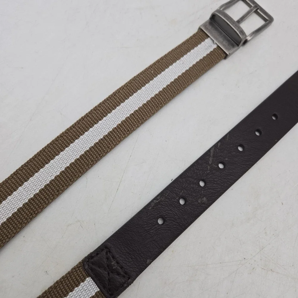 Structure Belt Brown Leather Beige Stripe Woven Fabric Mens 28 Nickel Buckle